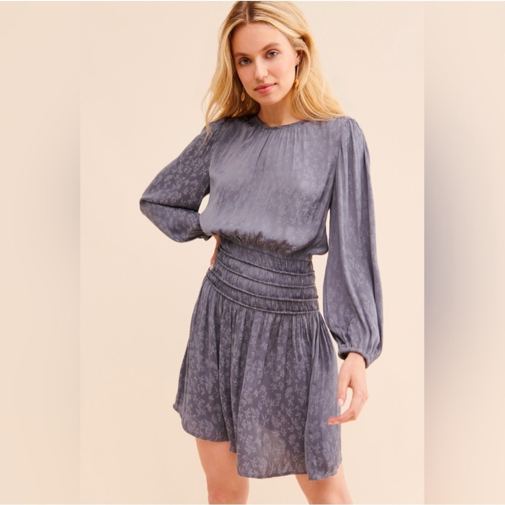 NTW Current Air Anthropologie Gray Floral Smock Waist Long Sleeve Mini Dress | S